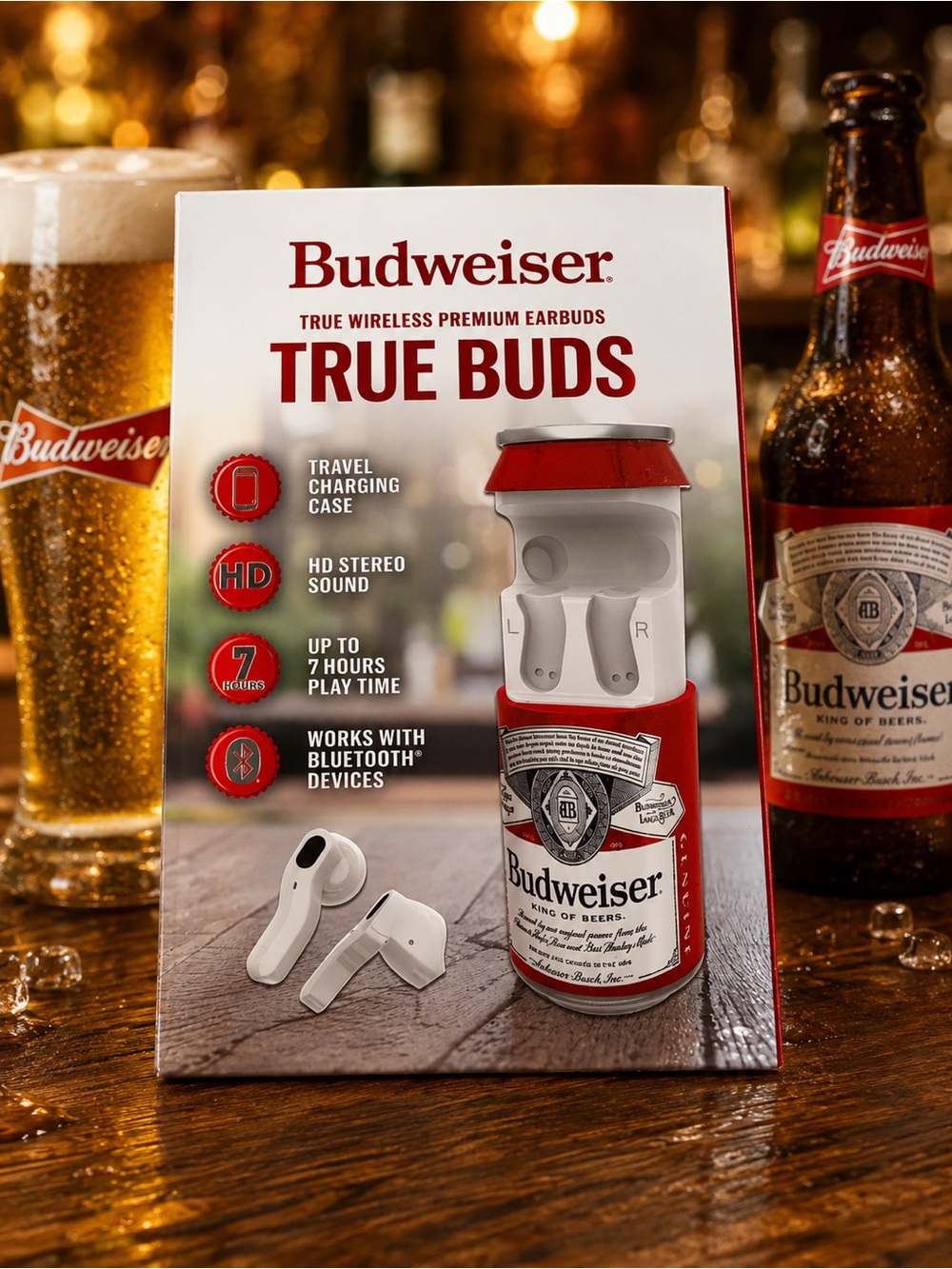 Budweiser True Buds Wireless Earbuds - White and Red Can Case